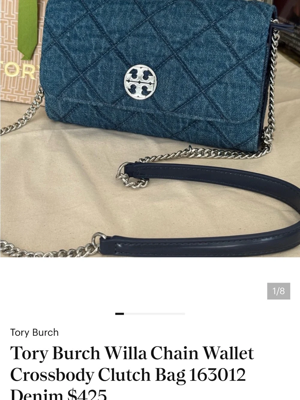 Tory Burch Quilted Blue Denim Wallet with Gold Logo
